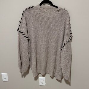 SHEIN Taupe Crew Neck Sweater with Black Accent Trim